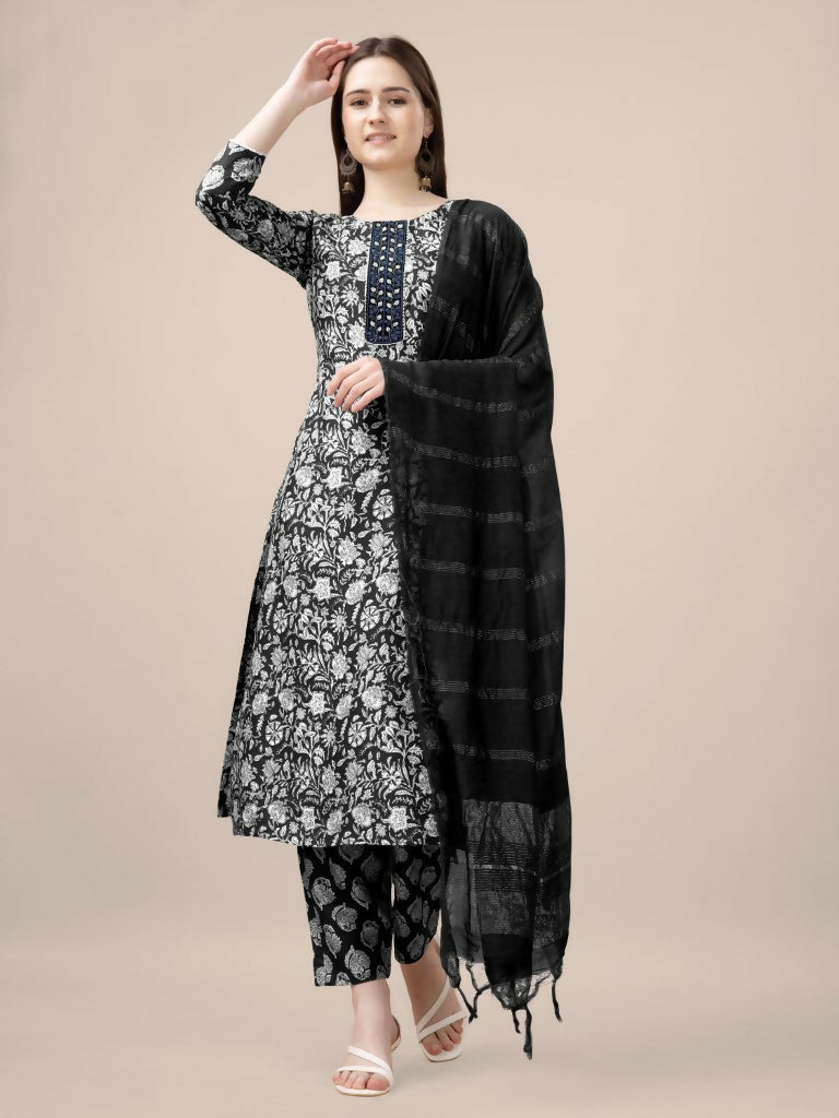 Jyoti Fashion Women's Black Rayon Print with Embroidery & Fancy Lace Work Kurta with Trouser & Dupatta | Grocsy