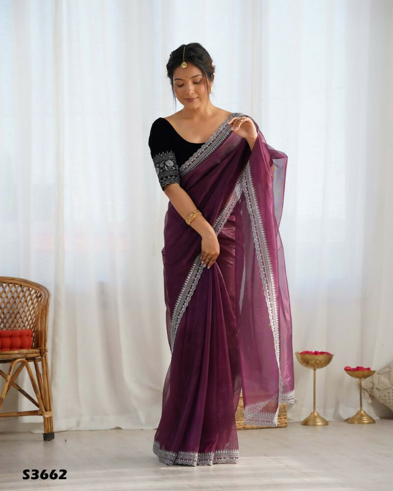 Attrctive Looking Gold Jari, Sequance Embroidery Work Twill Net Party Wear Saree - Wine | Grocsy
