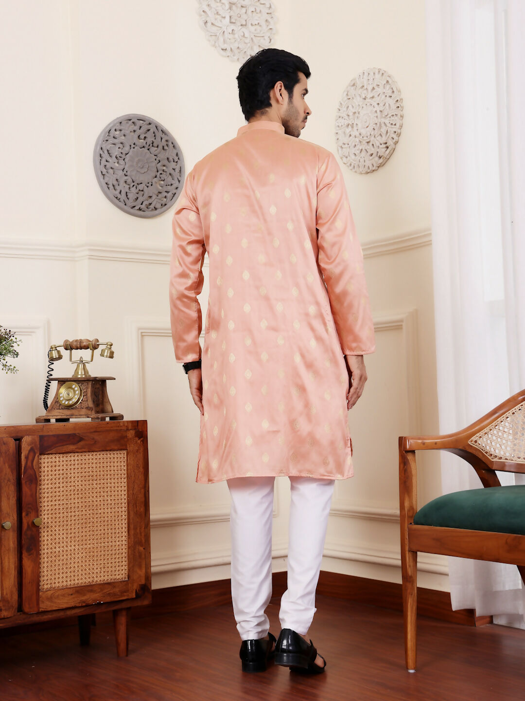 Peach Viscose Woven Jacquard Work Men's Rajwadi Kurta Set - Mahotsav | Grocsy