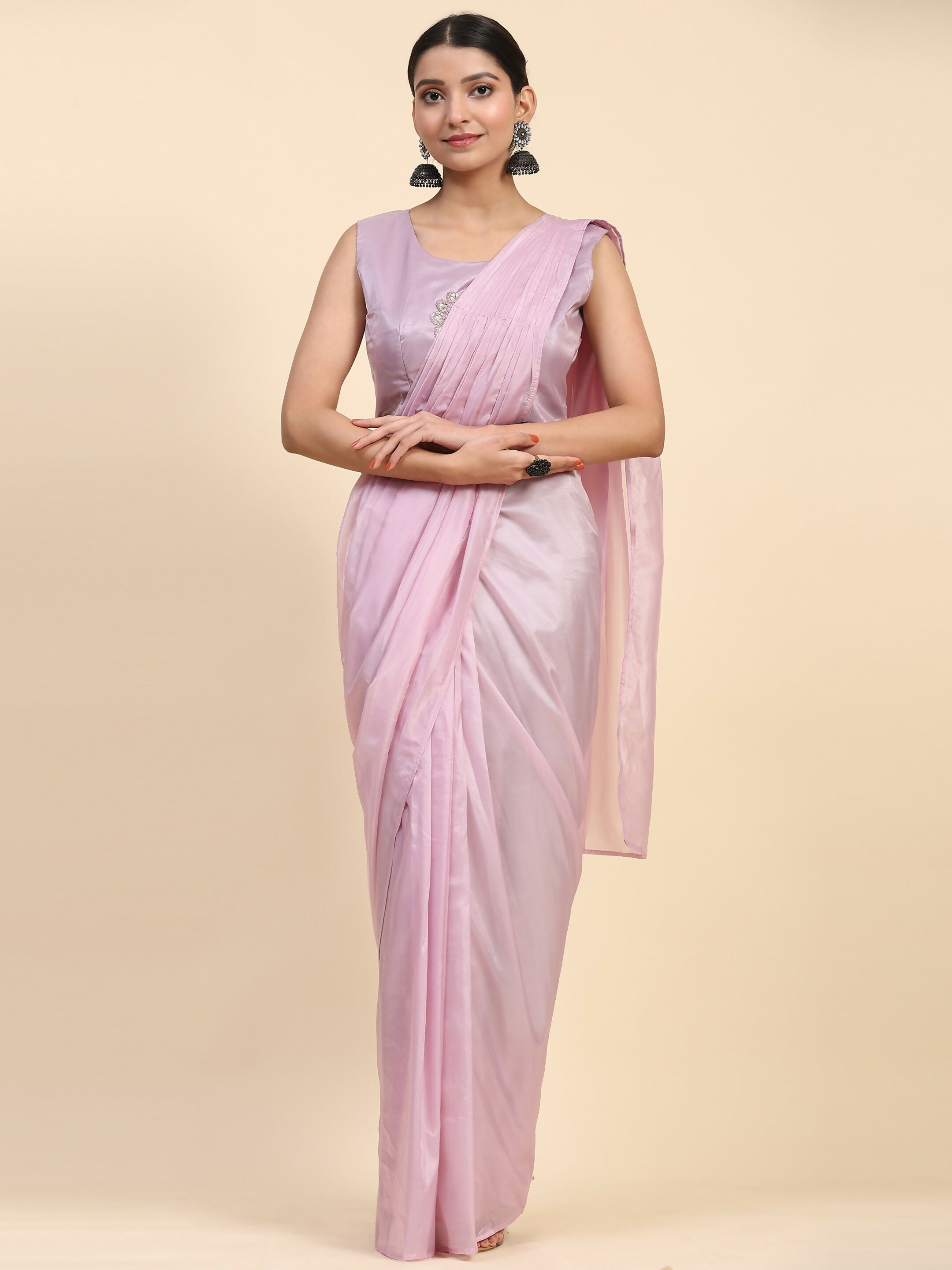 Light Lavendar Satin Solid Ready to wear Saree with stitched Blouse - Vanita | Grocsy