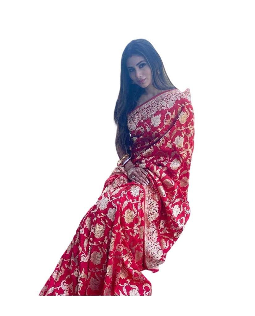 Vamika Weaving Banarasi Jacquard Red Kanjivaram Saree | Grocsy
