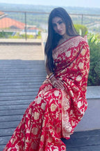 Vamika Weaving Banarasi Jacquard Red Kanjivaram Saree | Grocsy