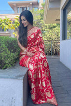Vamika Weaving Banarasi Jacquard Red Kanjivaram Saree | Grocsy