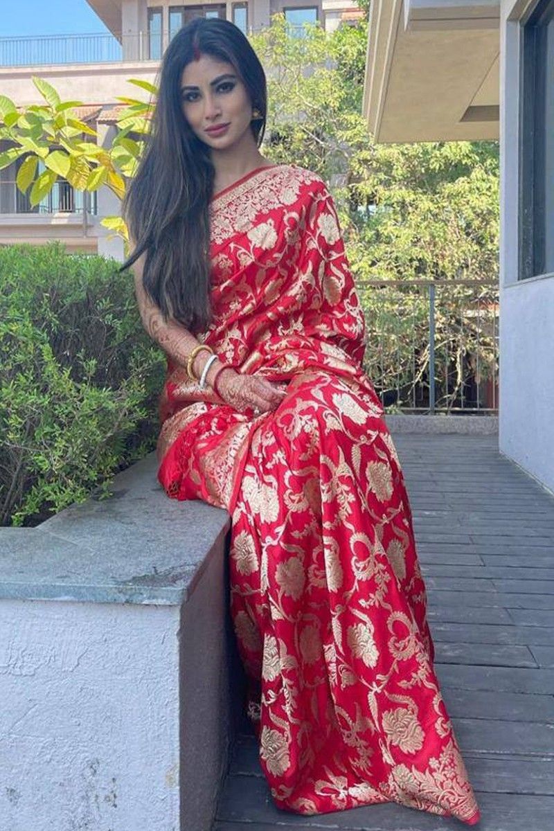 Vamika Weaving Banarasi Jacquard Red Kanjivaram Saree | Grocsy
