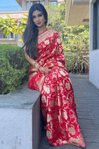 Vamika Weaving Banarasi Jacquard Red Kanjivaram Saree | Grocsy