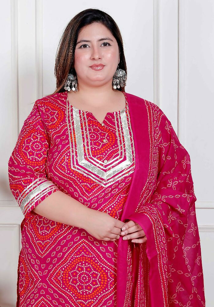 Miravan Plus Size Women'S Pink Bandhani Printed Straight Kurta With Palazzo & Dupatta | Grocsy