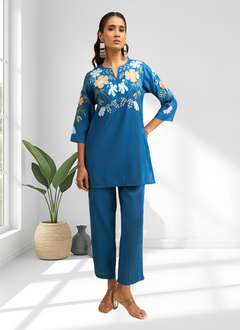 Joban Fashion Teal Silk Embroidered Readymade Cord Set | Grocsy