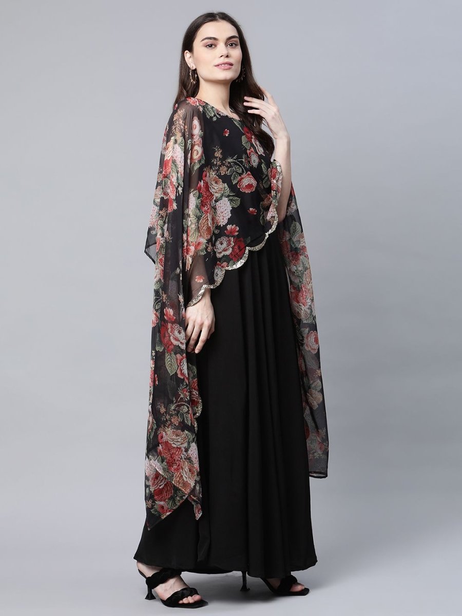 Ahalyaa Women Black Crepe Dress With Attached Dupatta | Grocsy