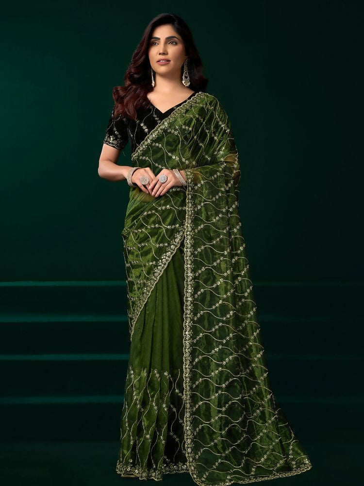 Joban Fashion Green Net Party Wear Sarees | Grocsy