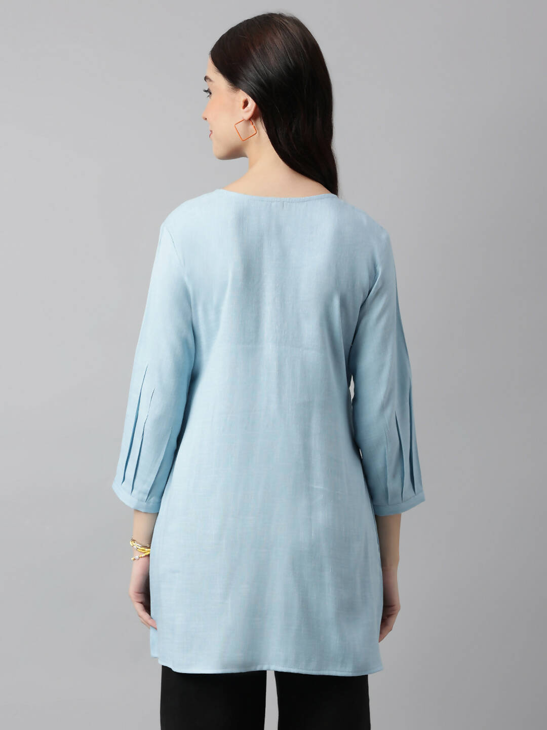 Light Blue Rayon Yoke Embroidered A-line Top - Tarini | Grocsy