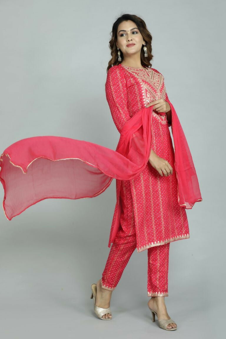 Alvano Beautiful Embroidery Print Straight Kurti with Pant and Dupatta set for Women and Girls Rayon | Grocsy