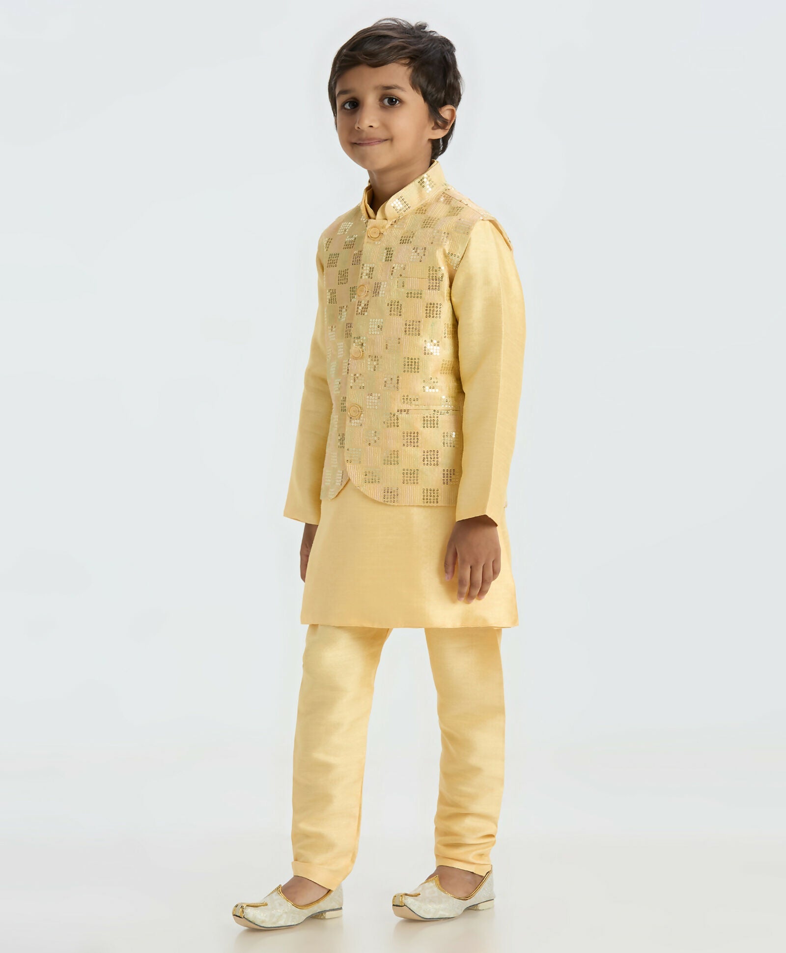 Joban Fashion Kids Island Elegant Box Sequence work Nehru Jacket Full Sleeves Kurta, Pyjama Set - Golden | Grocsy