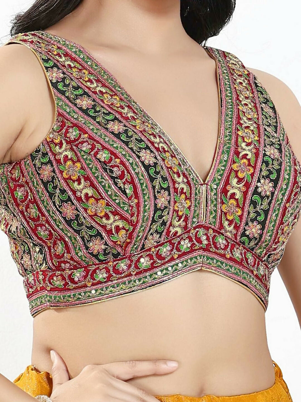 Joban Fashion Maroon Multi Georgette Padded Blouse With V Neck Sleeveless | Grocsy