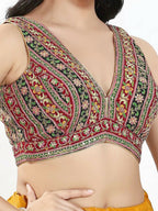 Joban Fashion Maroon Multi Georgette Padded Blouse With V Neck Sleeveless | Grocsy