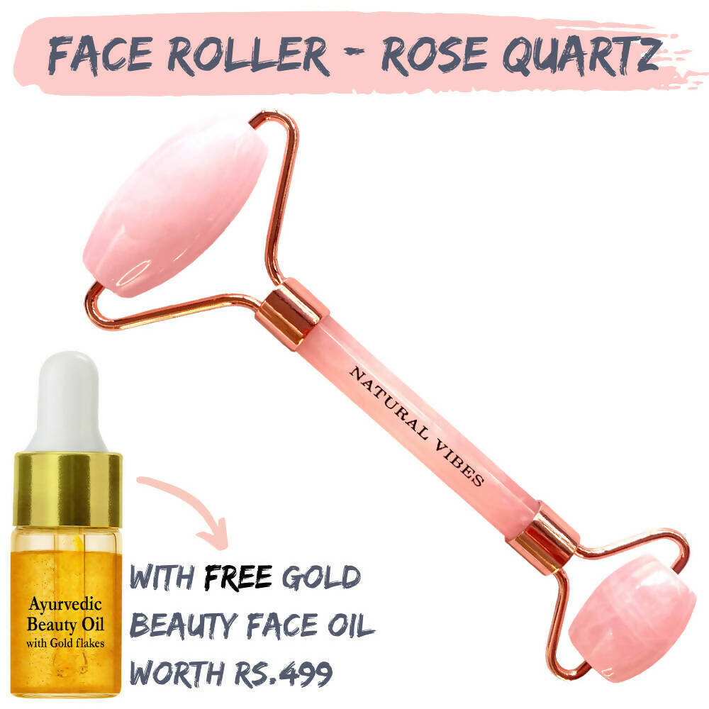 Natural Vibes Rose Quartz Roller & Massager with Free Gold Beauty Elixir Oil | Grocsy