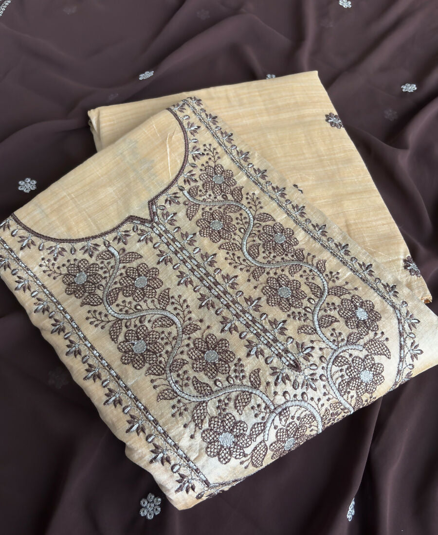 KC Khadi Cotton White Suit With Brown Dupatta 3 Piece Pair For Women | Grocsy