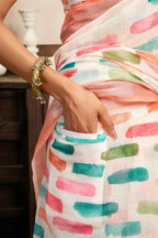 Joban Fashion White Color Block Linen Ready To Wear Saree With Unstitched Blouse | Grocsy