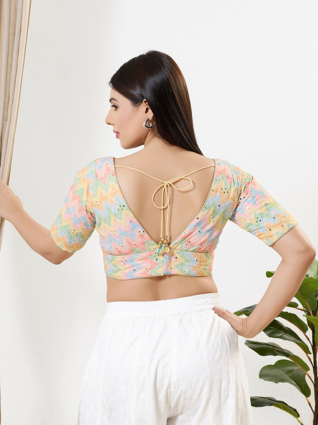 Joban Fashion Multi Silk Padded Blouse With V Neck Elbow Sleeves | Grocsy