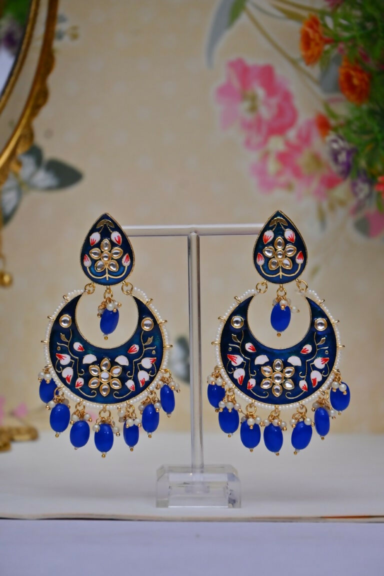 Royal Blue Gold-Polished Brass & Pearl Dangle Women Earrings| Hand Painted Meenakari Chandbali Traditional Ethnic Wear Earrings By House of Ree - Swadesiicart