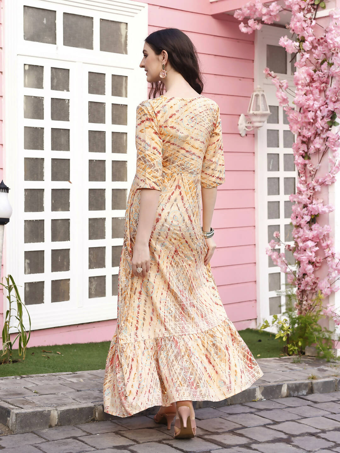 Peach Rayon Foil Printed Long Dress - Michan | Grocsy