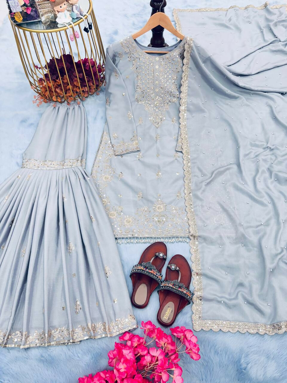 Teeya Creation Grey Color Chinnon Silk Embroidery Work Wedding Wear Salwar Suit | Grocsy