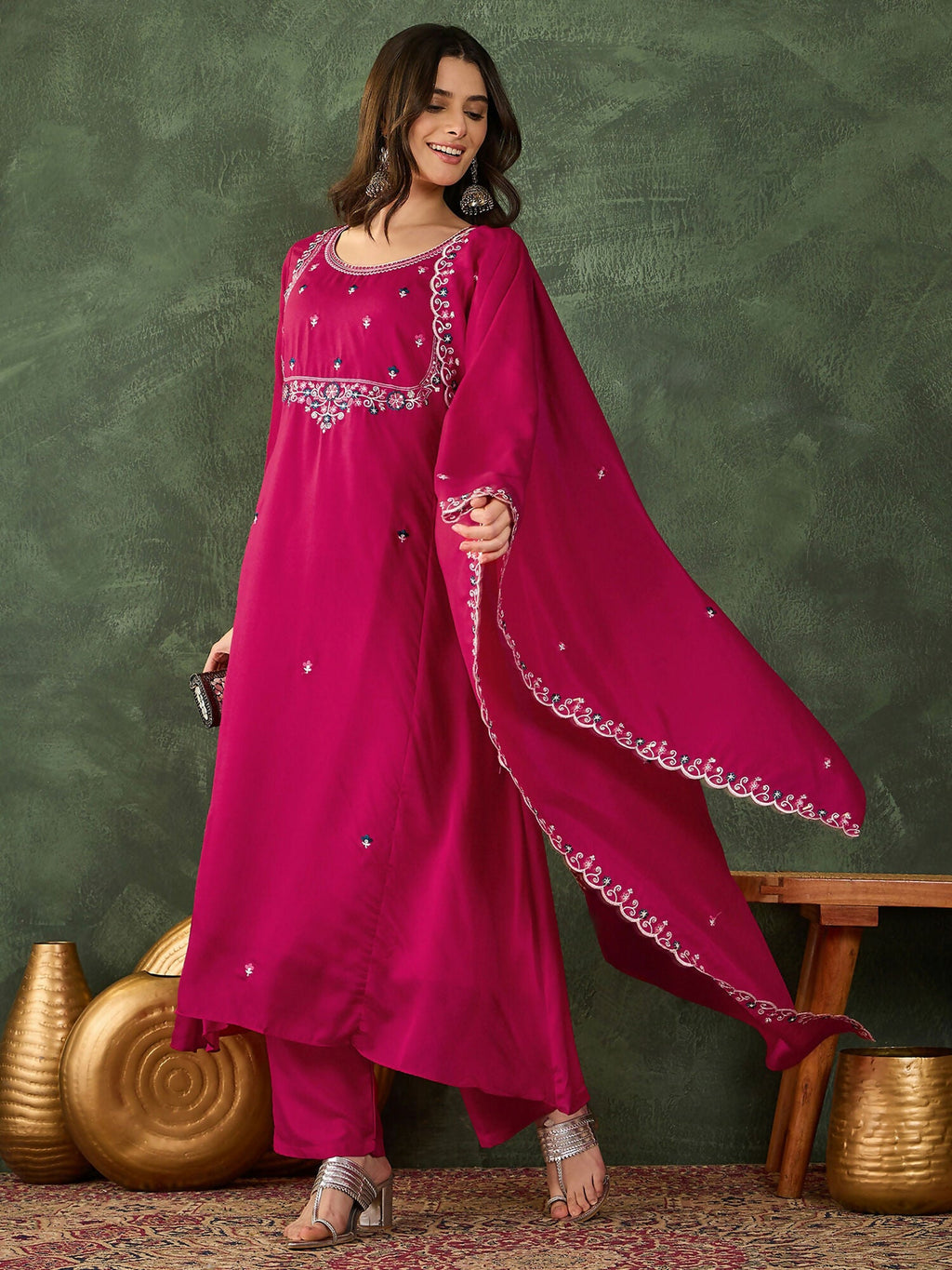 The52 Women's Gorgeous Embroidery Work Vichitra SIlk Fabric Flared Kurta Pant and Dupatta Set-Rani | Grocsy