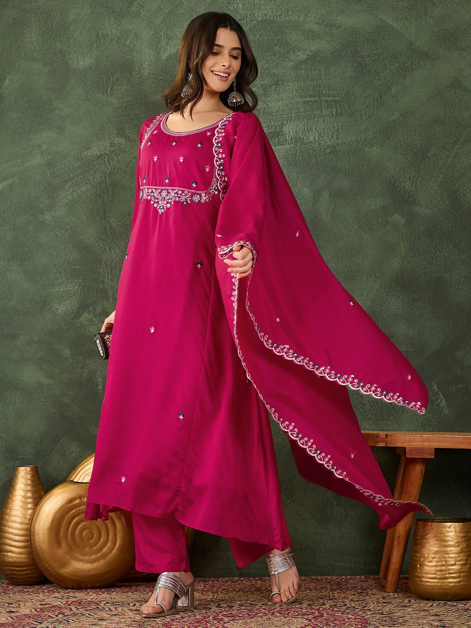The52 Women's Gorgeous Embroidery Work Vichitra SIlk Fabric Flared Kurta Pant and Dupatta Set-Rani | Grocsy
