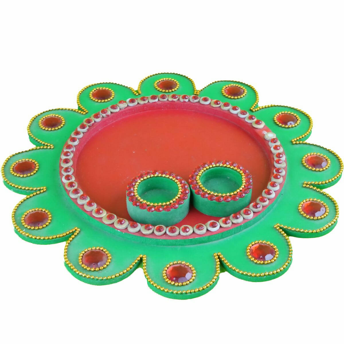 Kundan HandiKrafts Mdf Flower Pooja Thali - Green 01 | Grocsy