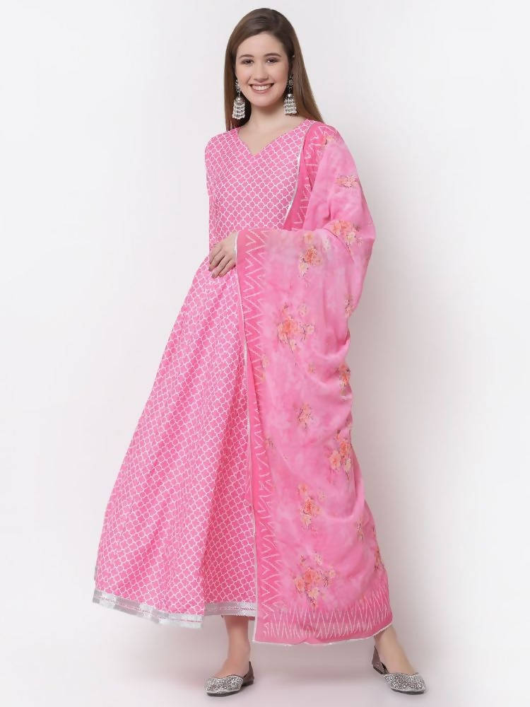 Myshka Pink Color Cotton Blend Printed Anarkali Kurta With Dupatta | Grocsy