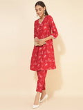Janasya Women's Red Cotton Floral Printed Casual Flared Co-ords | Grocsy