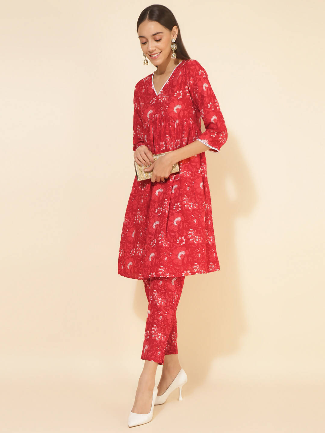 Janasya Women's Red Cotton Floral Printed Casual Flared Co-ords | Grocsy