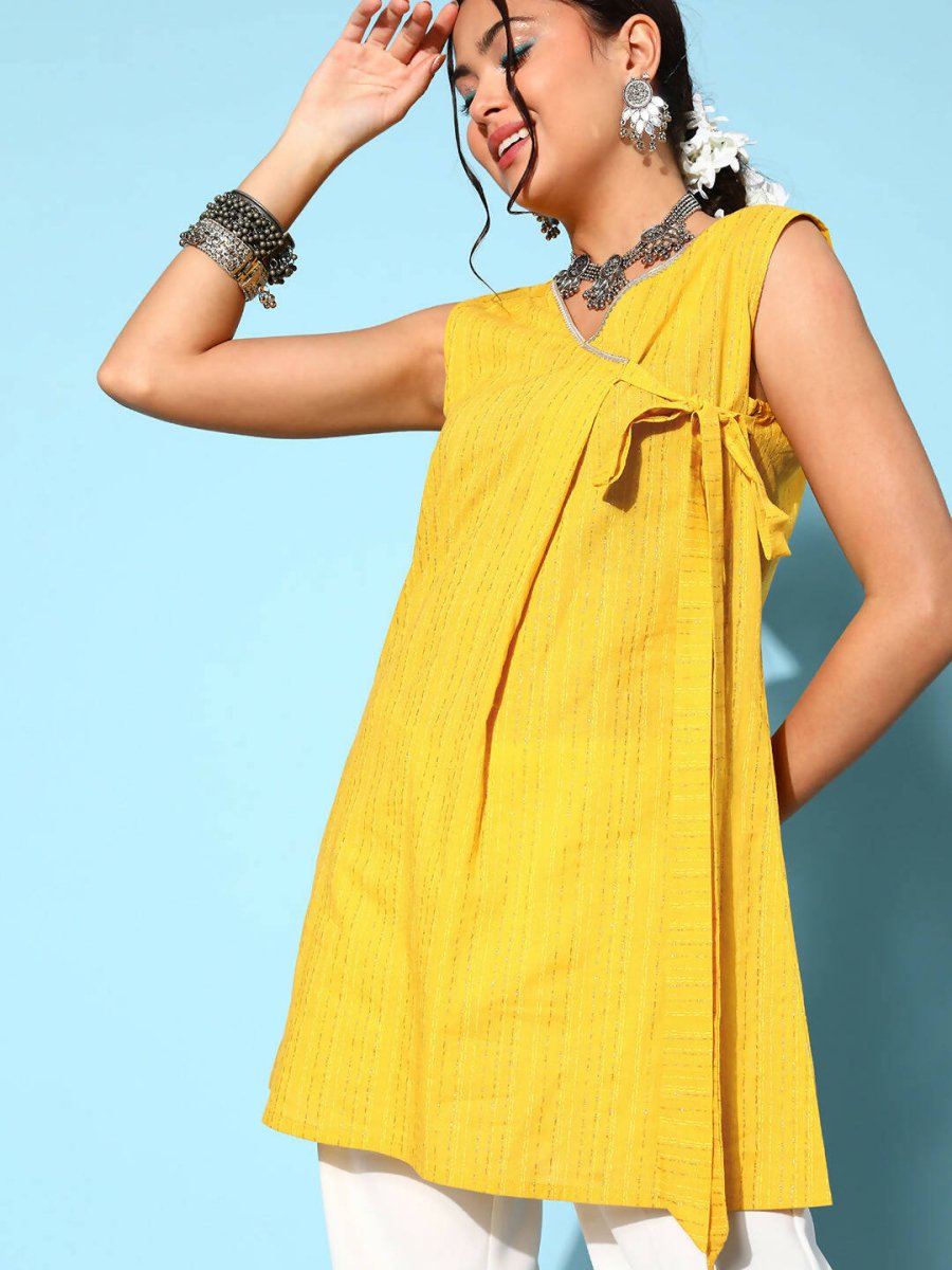 Ahalyaa Women Mustard Cotton Fluid Tie-Up Tunic | Grocsy