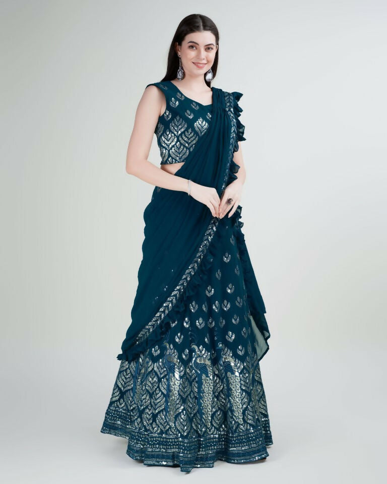 Teal Georgette Sequence Embroidered Lehenga Choli with Dupatta - Tanya | Grocsy