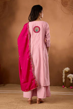 Lehenga Mart Designer Front-Slit Kurta, Paired With Wide-Leg Palazzo Pants And A Dupatta.-Rose Pink | Grocsy