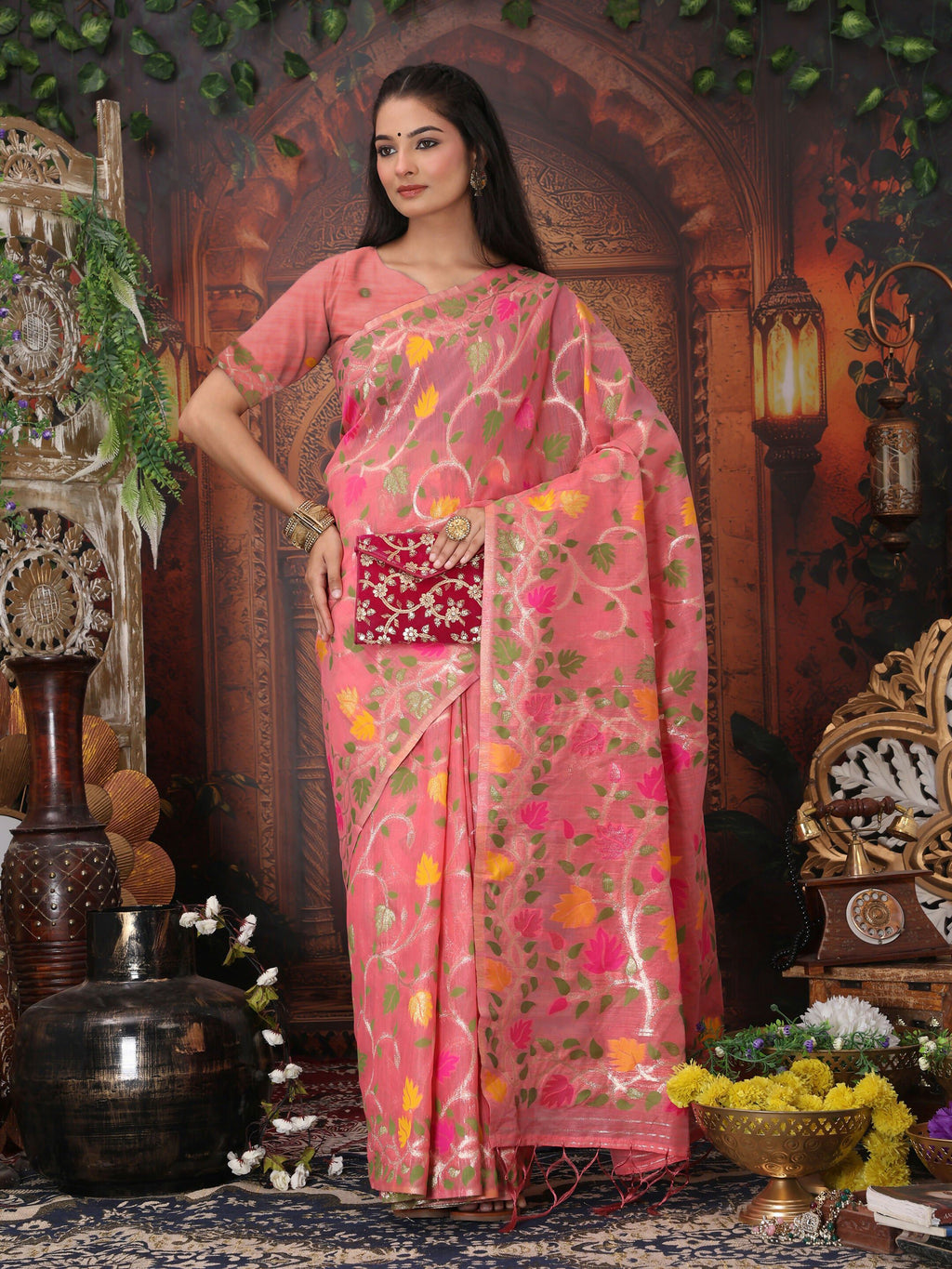 Shree Shyam Fashion Linen Cotton Pink Saree | Grocsy