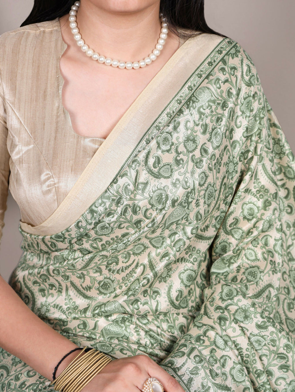 Vastranavya Green Tussar Silk Printed Saree with Unstitched Blouse | Grocsy