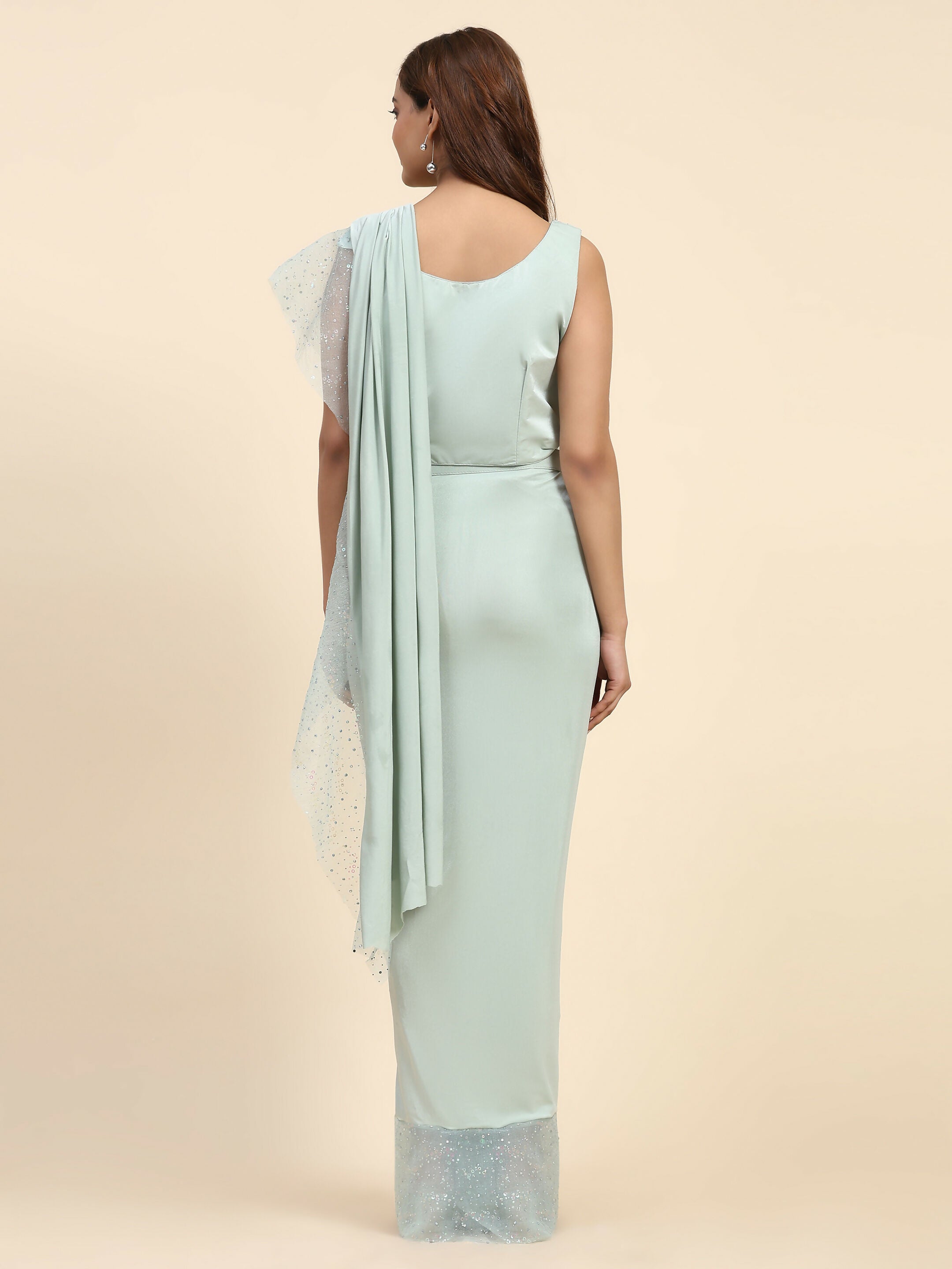 Light Blue Lycra Solid Ready to Wear Saree with stitched Blouse - Nita | Grocsy