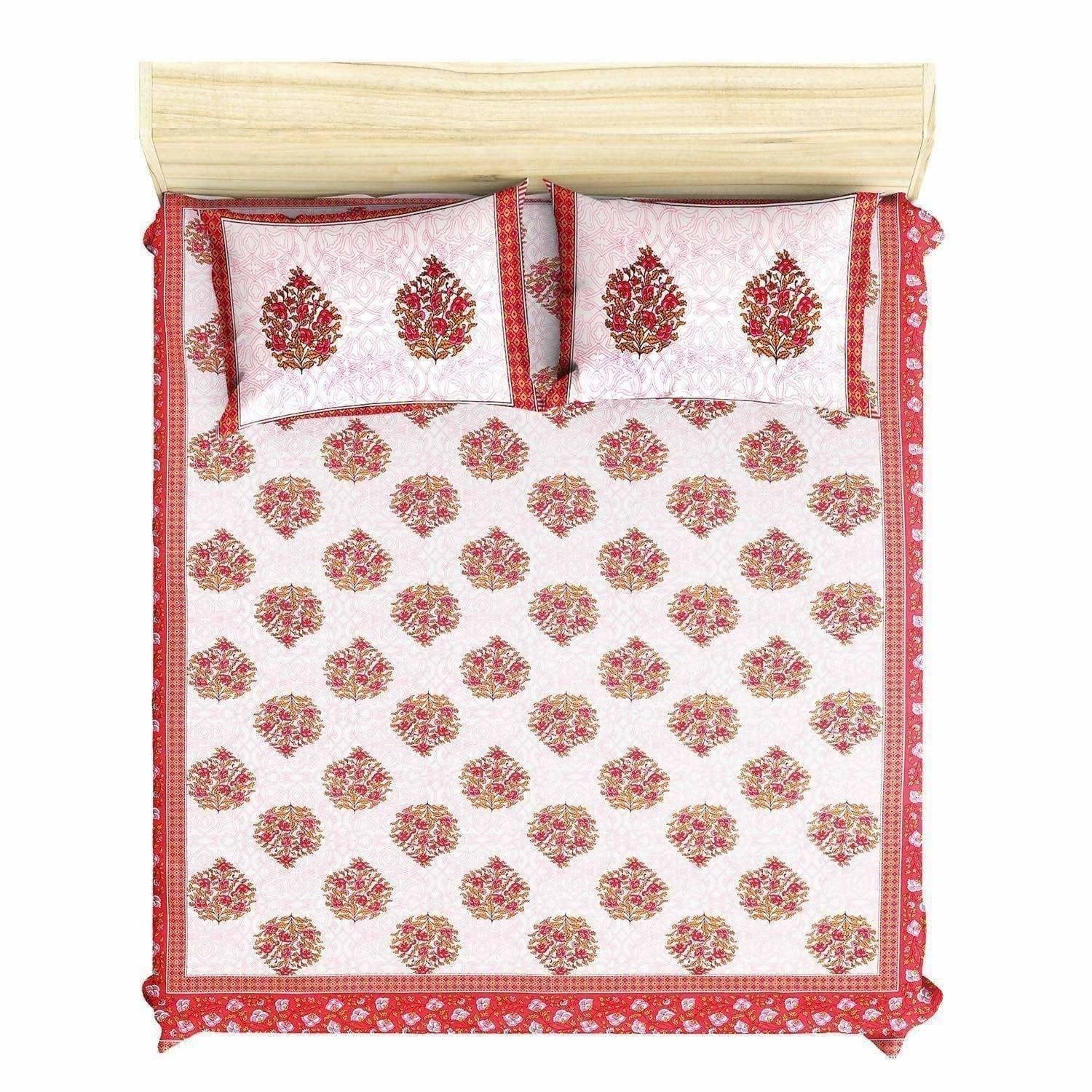 Queen Size 230x270 Cms Jaipuri Hand Block Printed Traditional 144TC Cotton Bedsheet with 2 Pillow Covers | Grocsy