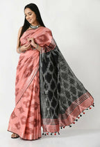 Mominos Fashion Moeza Gajari & Black Bhagalpuri Handloom Ikat Pure Cotton Saree with unstitched Blouse piece | Grocsy