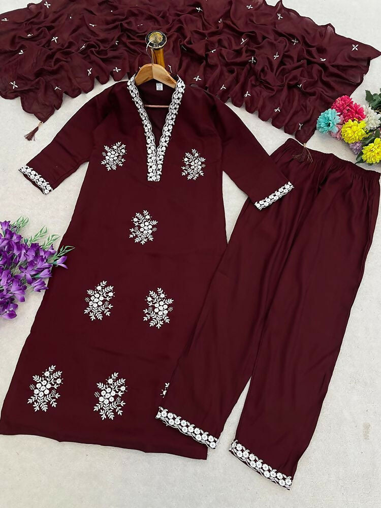 Teeya Creation Vibrant Dark-Maroon Embroidered Kurti with Pant and Dupatta Set | Grocsy