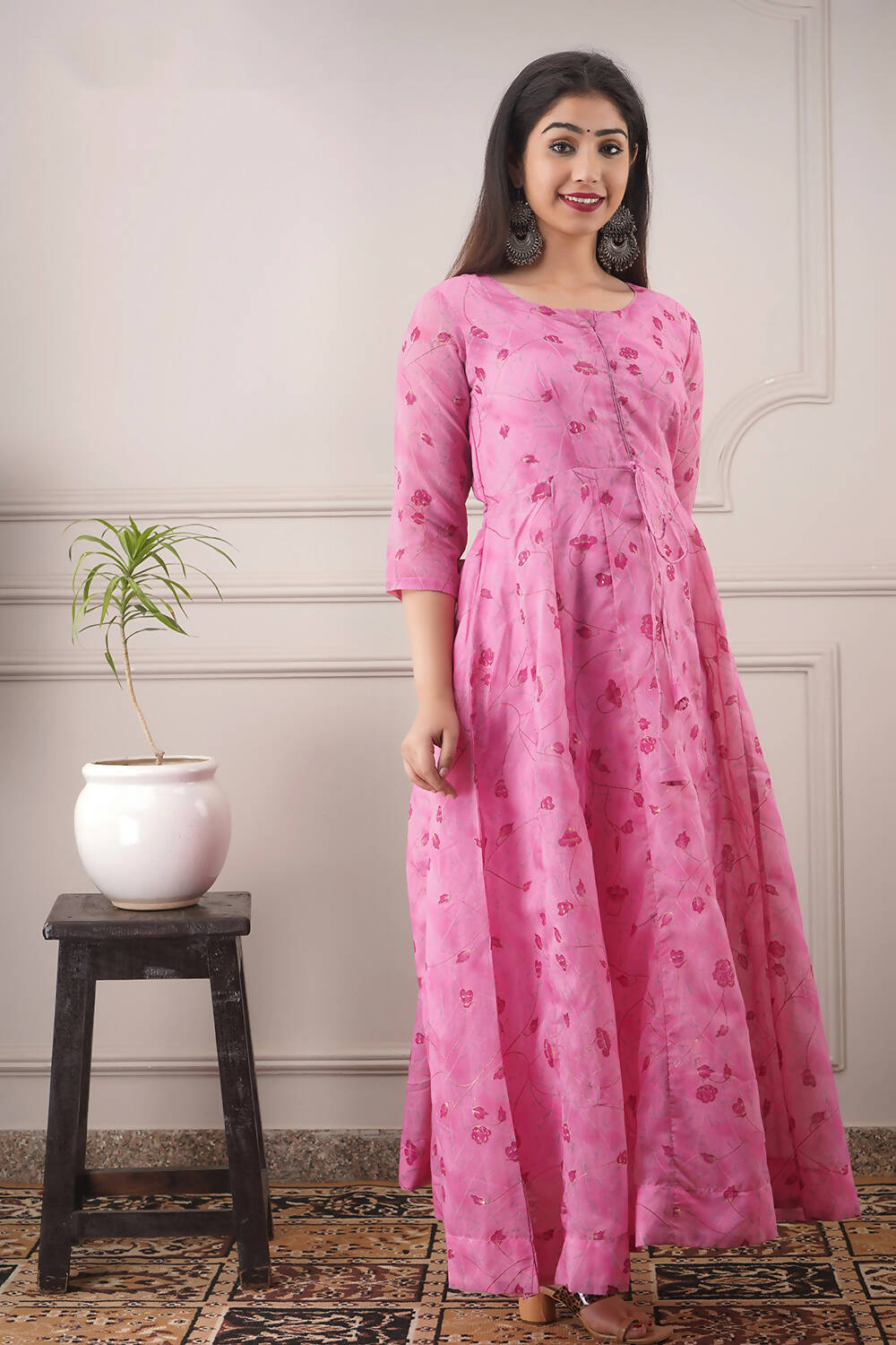 Partywear Designer Hand Screen and Foil Print pink Pure chanderi Gown - Anbazaar | Grocsy
