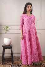 Partywear Designer Hand Screen and Foil Print pink Pure chanderi Gown - Anbazaar | Grocsy