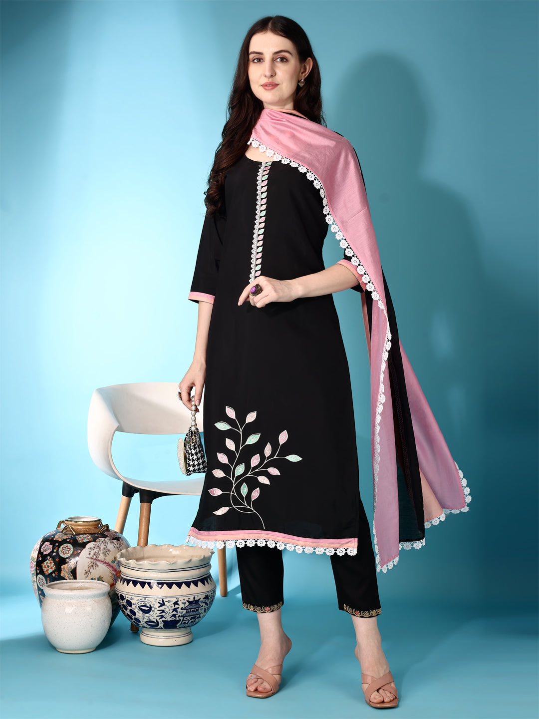Embroidered & Lace Detailing Kurta With Pant & Multicoloured Dupatta, Black - Hiral Fashion | Grocsy