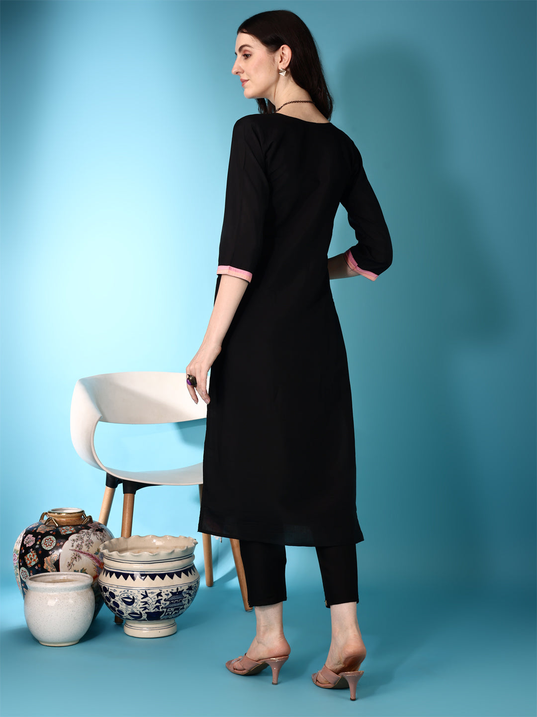 Embroidered & Lace Detailing Kurta With Pant & Multicoloured Dupatta, Black - Hiral Fashion | Grocsy