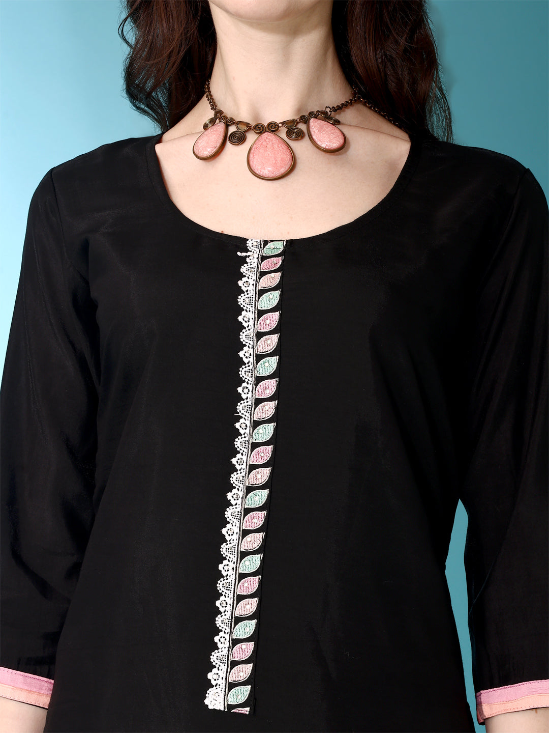 Embroidered & Lace Detailing Kurta With Pant & Multicoloured Dupatta, Black - Hiral Fashion | Grocsy
