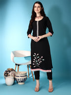 Embroidered & Lace Detailing Kurta With Pant & Multicoloured Dupatta, Black - Hiral Fashion | Grocsy