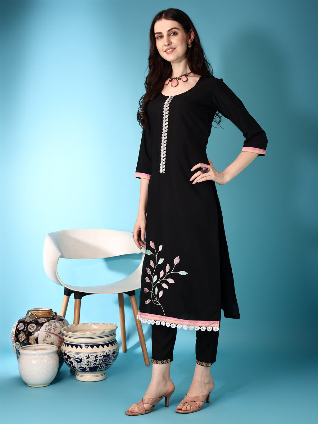 Embroidered & Lace Detailing Kurta With Pant & Multicoloured Dupatta, Black - Hiral Fashion | Grocsy