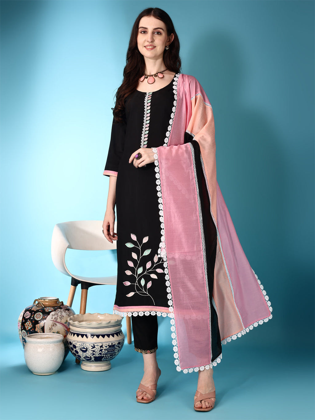 Embroidered & Lace Detailing Kurta With Pant & Multicoloured Dupatta, Black - Hiral Fashion | Grocsy