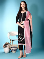 Embroidered & Lace Detailing Kurta With Pant & Multicoloured Dupatta, Black - Hiral Fashion | Grocsy