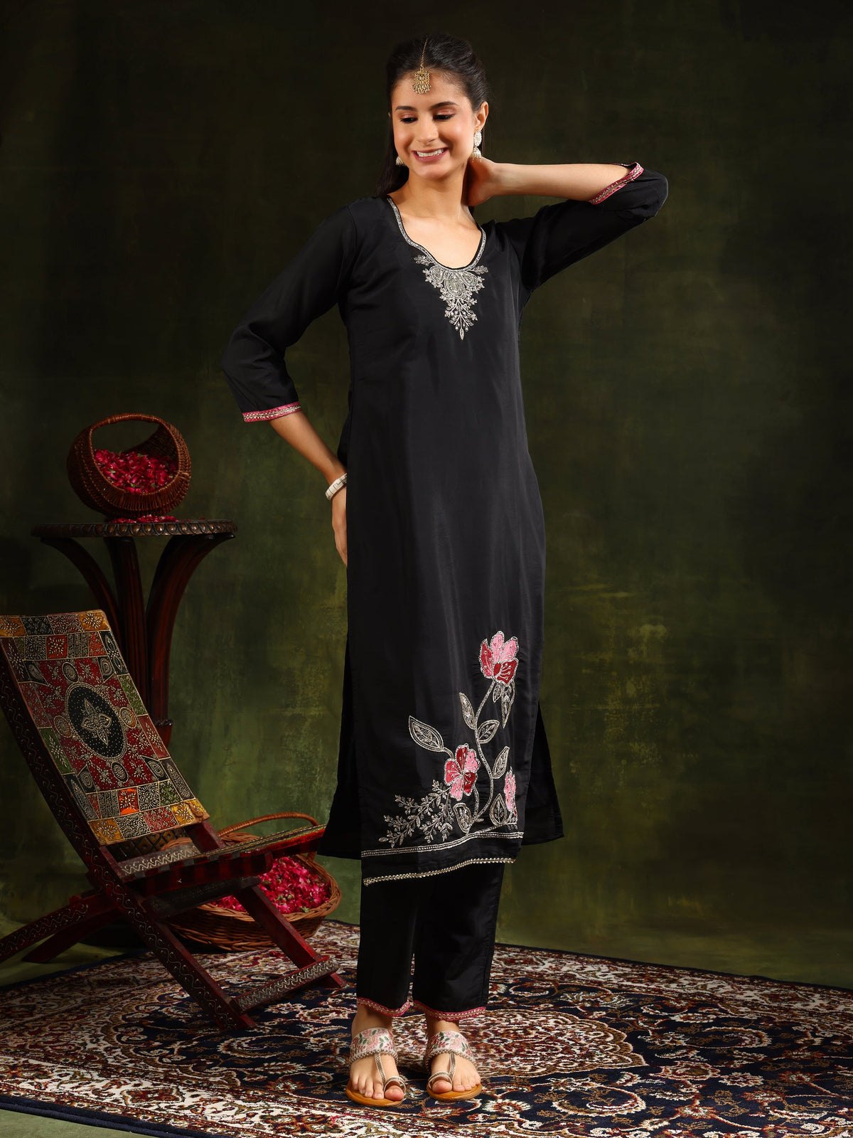 Swarovski & Sequined Embroidered Kurta With Pant & Dupatta, Black - Hiral Fashion | Grocsy